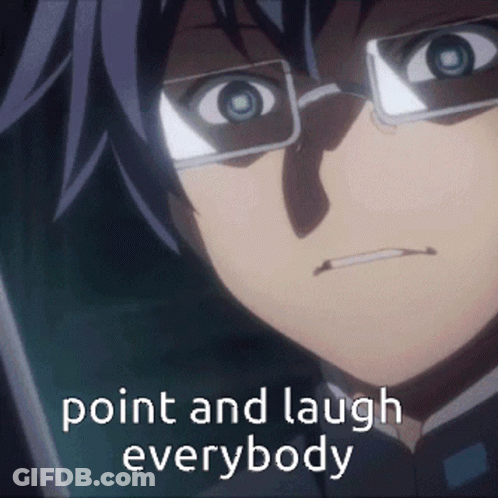 A Close Up Of A Person 'S Face With The Words Point And Laugh Everybody GIF