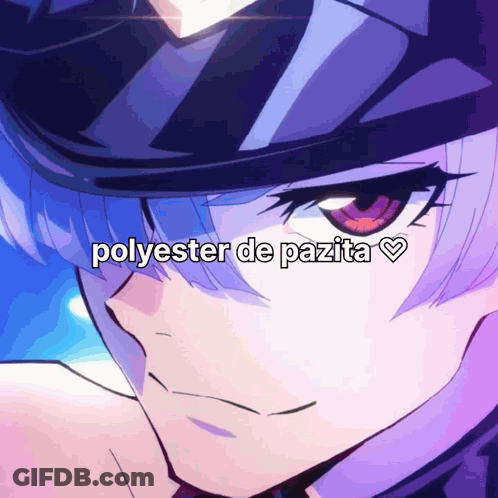 A Close Up Of A Person 'S Face With The Words Polyester De Pazita Written Above It GIF
