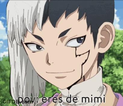A Close Up Of A Person 'S Face With The Words Pov Eres De Mimi On The Bottom GIF