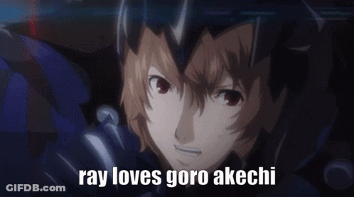 A Close Up Of A Person 'S Face With The Words `` Ray Loves Goro Akchi '' Written On The Bottom . GIF