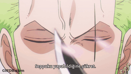 A Close Up Of A Person 'S Face With The Words Seppuku Yapabildigine Şükret Written Below It GIF