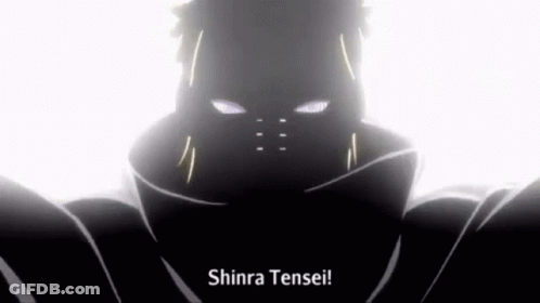 A Close Up Of A Person 'S Face With The Words Shinra Tensei . GIF