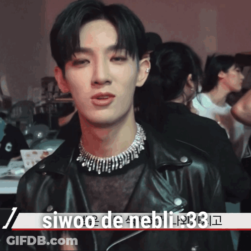 A Close Up Of A Person 'S Face With The Words Siwoo De Nebli Written On The Bottom GIF
