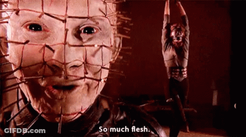 A Close Up Of A Person 'S Face With The Words So Much Flesh Written Below It GIF