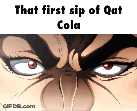 A Close Up Of A Person 'S Face With The Words That First Sip Of Qat Cola Above It GIF