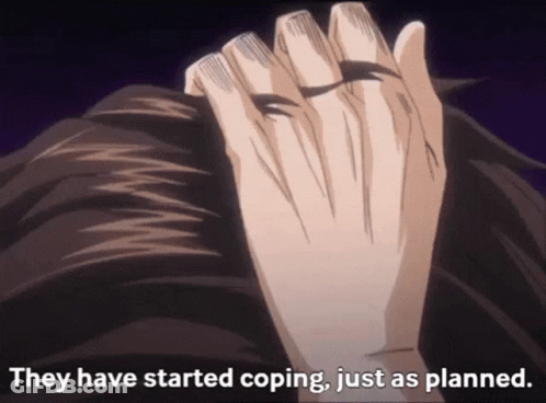 Close-Up Of Person's Face With We Have Started Coping Just As Planned Text GIF
