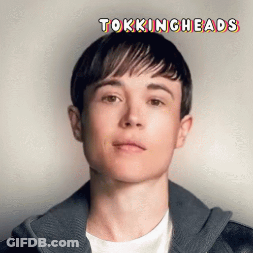 A Close Up Of A Person 'S Face With The Words Tokingheads Written Above It GIF