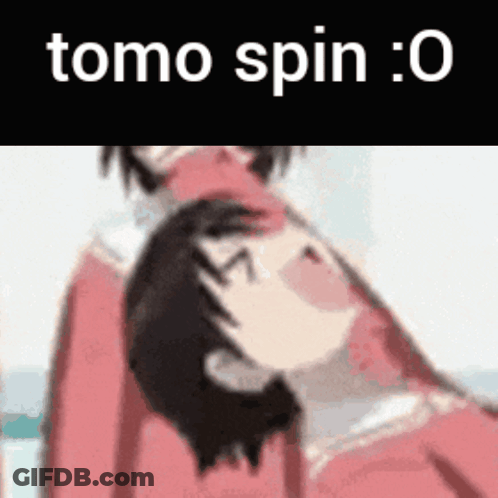 A Close Up Of A Person 'S Face With The Words Tomo Spin : 0 Written On It . GIF