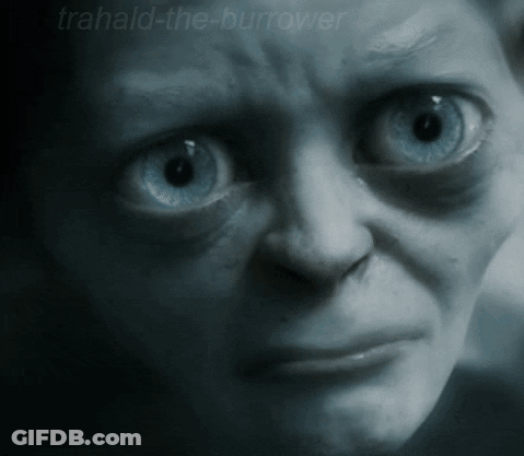 A Close Up Of A Person 'S Face With The Words Trahald-The-Burrower Written On The Bottom GIF