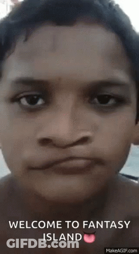 A Close Up Of A Person 'S Face With The Words Welcome To Fantasy Island Written On It GIF