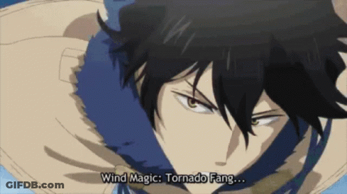 A Close Up Of A Person 'S Face With The Words Wind Magic Tornado Fang GIF