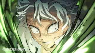 A Close Up Of A Person 'S Face With White Hair And Green Swords In The Background . GIF