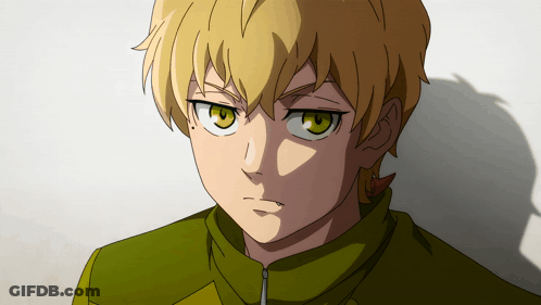 A Close Up Of A Person 'S Face With Yellow Hair And Green Eyes GIF