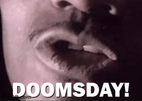 A Close Up Of A Person 'S Mouth With The Words Doomsday In White Letters GIF
