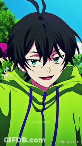 A Close Up Of A Person Wearing A Green Hoodie With A Blue Hood . GIF