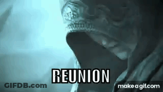 A Close Up Of A Person Wearing A Mask With The Words `` Reunion '' Written On It . GIF