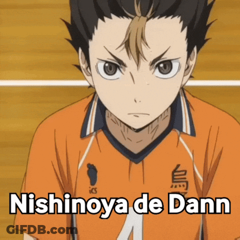 A Close Up Of A Person Wearing An Orange Shirt With The Words Nishinoya De Dann On It GIF