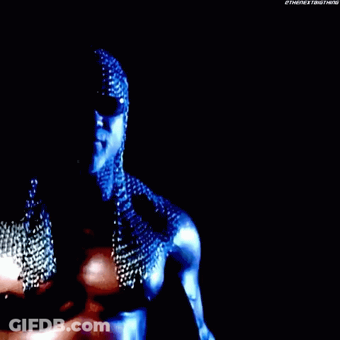 A Close Up Of A Person Wearing Chain Mail And Sunglasses . GIF