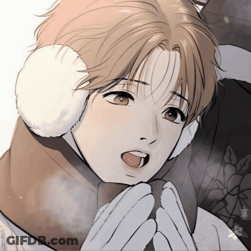 A Close Up Of A Person Wearing Ear Warmers And Holding A Cup GIF