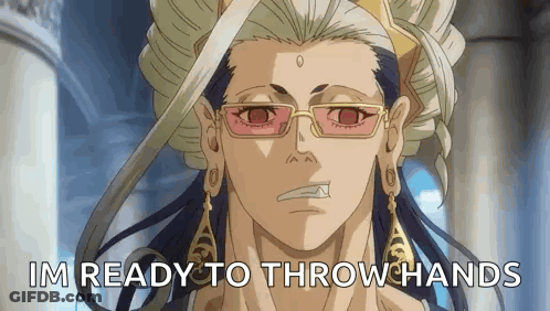 A Close Up Of A Person Wearing Glasses And Earrings With The Words `` Im Ready To Throw Hands '' . GIF