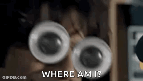 A Close Up Of A Person Wearing Googly Eyes And Saying `` Where Am I ? '' GIF