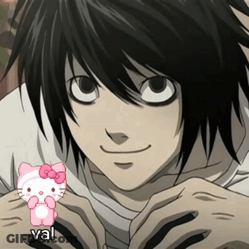 A Close Up Of A Person With A Hello Kitty And The Word Val On The Bottom Right GIF