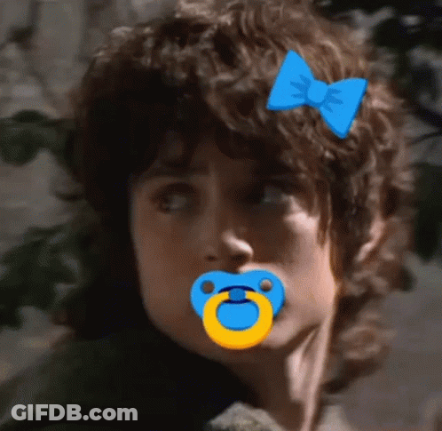 A Close Up Of A Person With A Pacifier In Their Mouth And A Blue Bow On Their Head . GIF