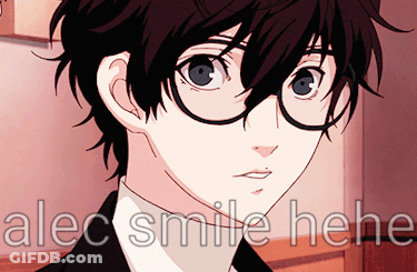 A Close Up Of A Person With Glasses And The Words Alec Smile Here GIF