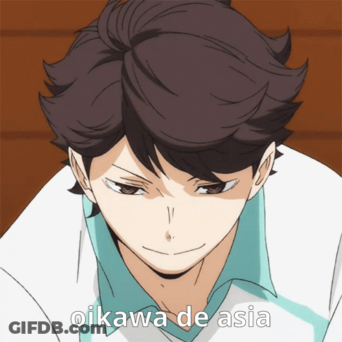 A Close Up Of A Person With Oikawa De Asia Written On The Bottom GIF