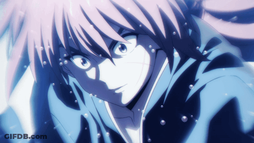 A Close Up Of A Person With Pink Hair And Blue Eyes GIF