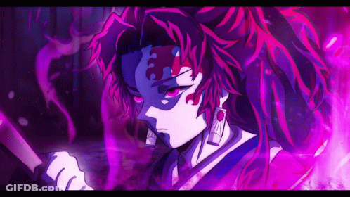 A Close Up Of A Person With Purple Hair Holding A Sword GIF