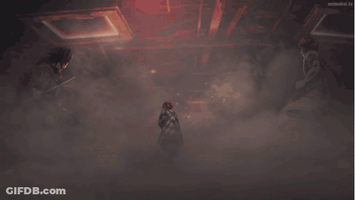 A Close Up Of A Person With Red Eyes And A Flame On Their Head GIF