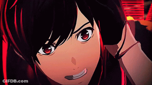 A Close Up Of A Person With Red Eyes And Black Hair GIF