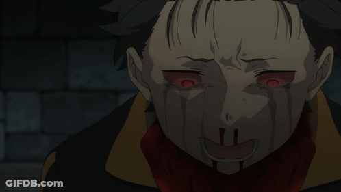A Close Up Of A Person With Red Eyes And Blood On Their Face GIF