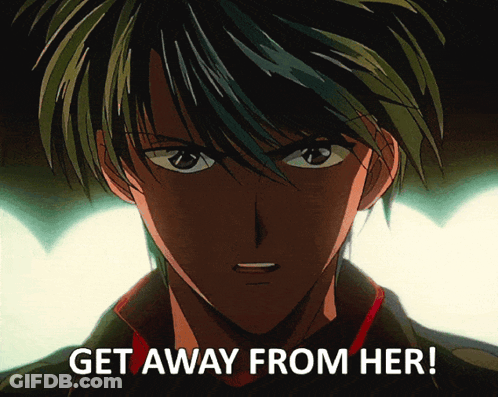 A Close Up Of A Person With The Words Get Away From Her On The Bottom GIF
