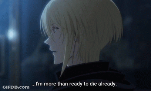 A Close Up Of A Person With The Words " I 'M More Than Ready To Die Already " On The Bottom GIF