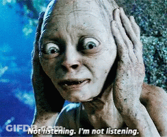 A Close Up Of A Person With The Words " Not Listening I 'M Not Listening " Above Them GIF