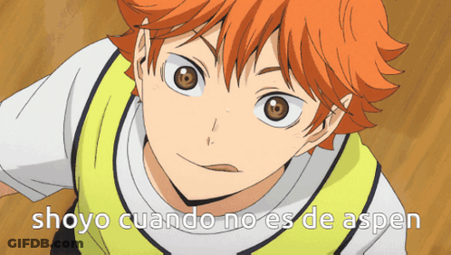 A Close Up Of A Person With The Words Shoyo Cuando No Es De Aspen Below Them GIF