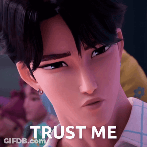A Close Up Of A Person With The Words Trust Me Behind Them GIF