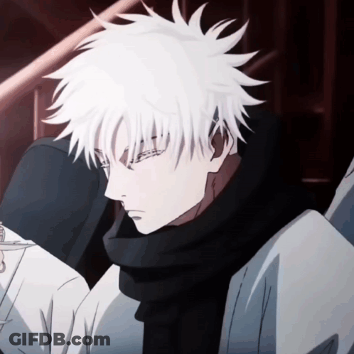 A Close Up Of A Person With White Hair And A Black Scarf Around Their Neck GIF