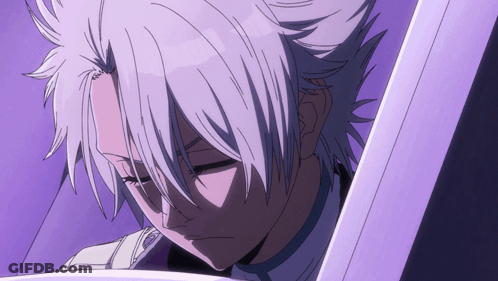 A Close Up Of A Person With White Hair And A Purple Background GIF