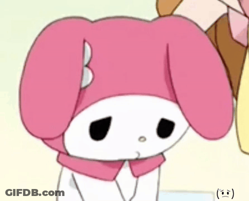 A Close Up Of A Pink Bunny With A Sad Face On Its Face . GIF