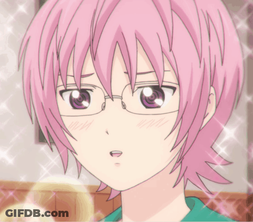 A Close Up Of A Pink Haired Anime Character Wearing Glasses GIF