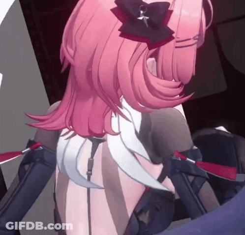 A Close Up Of A Pink Haired Anime Character With A Bow In Her Hair GIF