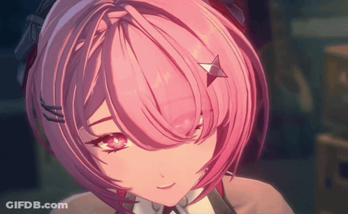 A Close Up Of A Pink Haired Anime Character With A Star In Her Hair GIF