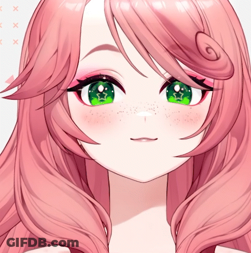 A Close Up Of A Pink Haired Anime Character With Green Eyes GIF