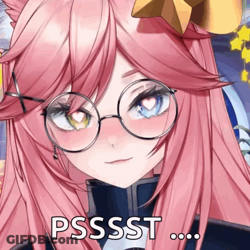 A Close Up Of A Pink Haired Anime Girl Wearing Glasses That Says Psssst GIF