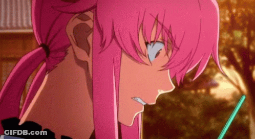 A Close Up Of A Pink Haired Anime Girl With A Green Pencil In Her Mouth . GIF