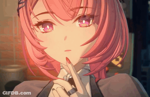 A Close Up Of A Pink Haired Anime Girl With A Ring On Her Finger GIF
