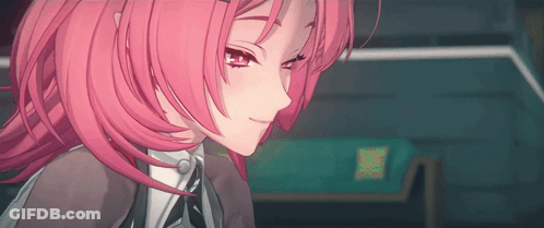 A Close Up Of A Pink Haired Anime Girl With Red Eyes GIF